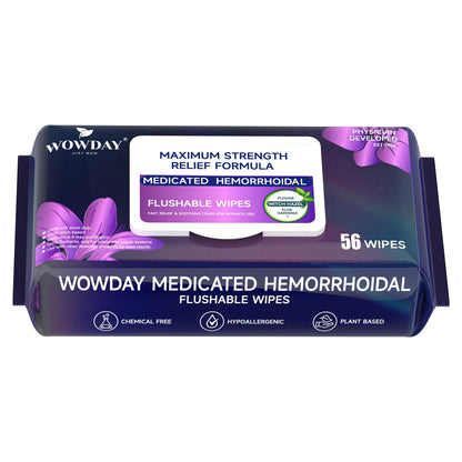 Wowday Flushable Hemorrhoid Wipes | Maximum Strength Witch Hazel Wipes | 56 Count Fragrance Free Adult Hemorrhoids Medicated Witch Hazels Wipe for Butt Hemorrhoidal Itch - dailyvitalstore