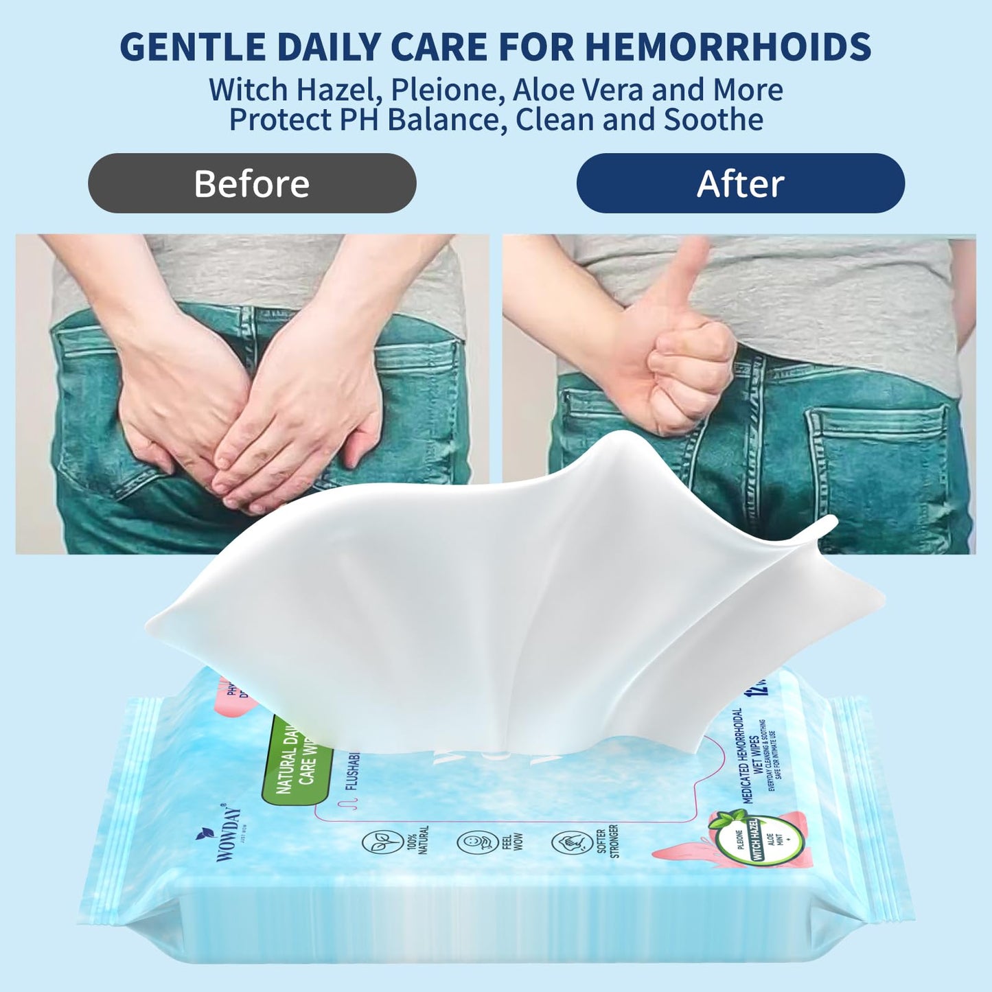 Wowday Flushable Hemorrhoid Wipes | Medicated Witch Hazel Wipes Ph Balanced | 112 Count Natural Fragrance Free Adult Hemorrhoids Witch Hazel Wipe for Butt Itch - dailyvitalstore