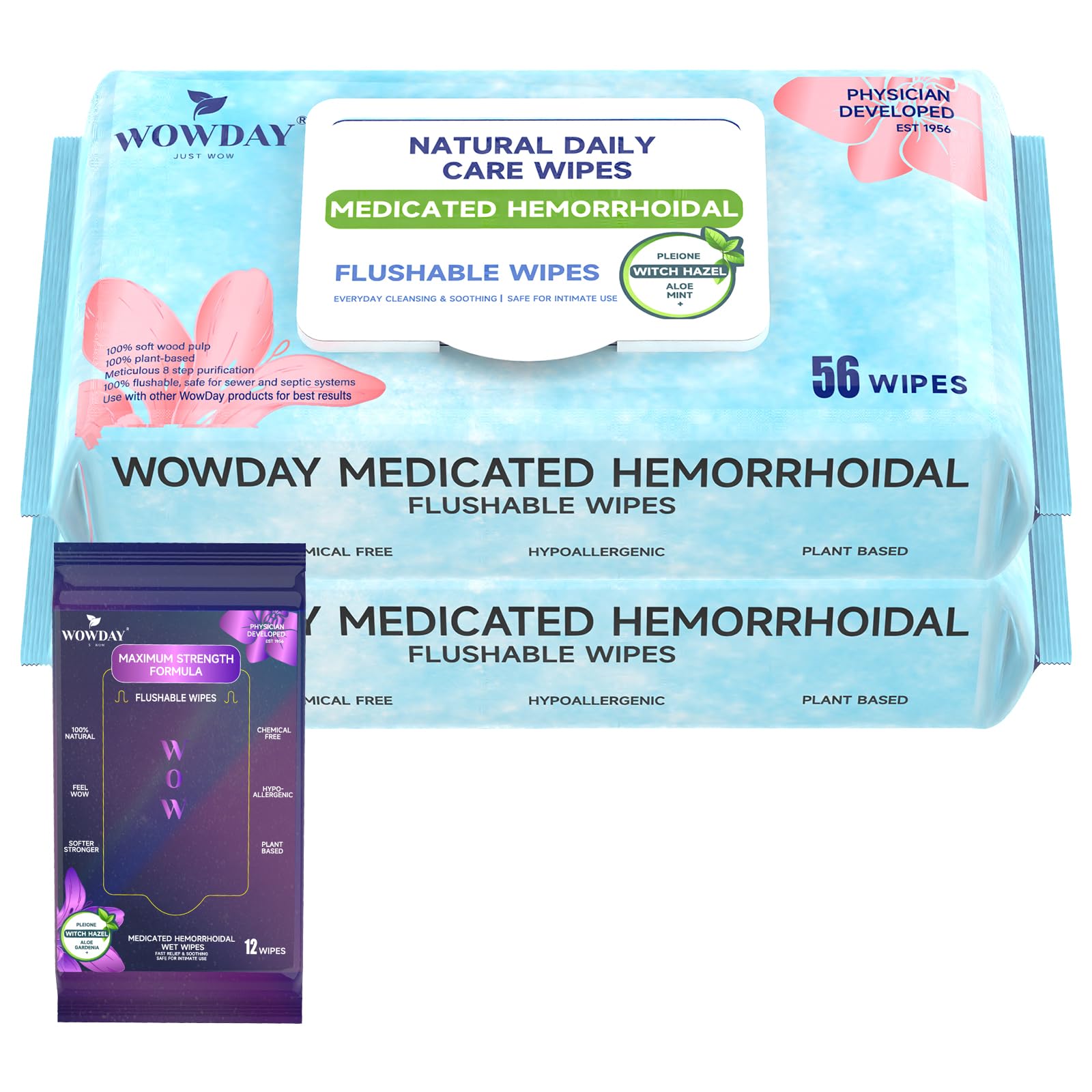 Wowday Flushable Hemorrhoid Wipes | Medicated Witch Hazel Wipes Ph Balanced | 112 Count Natural Fragrance Free Adult Hemorrhoids Witch Hazel Wipe for Butt Itch - dailyvitalstore