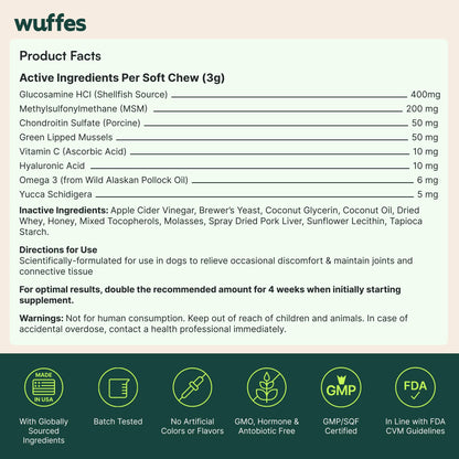 Wuffes Advanced Dog Hip and Joint Supplement with Glucosamine, Chondroitin, Omega 3, MSM, and Green Lipped Mussel, 60 Pork Flavored Chews for Small and Medium Dog Breeds - dailyvitalstore