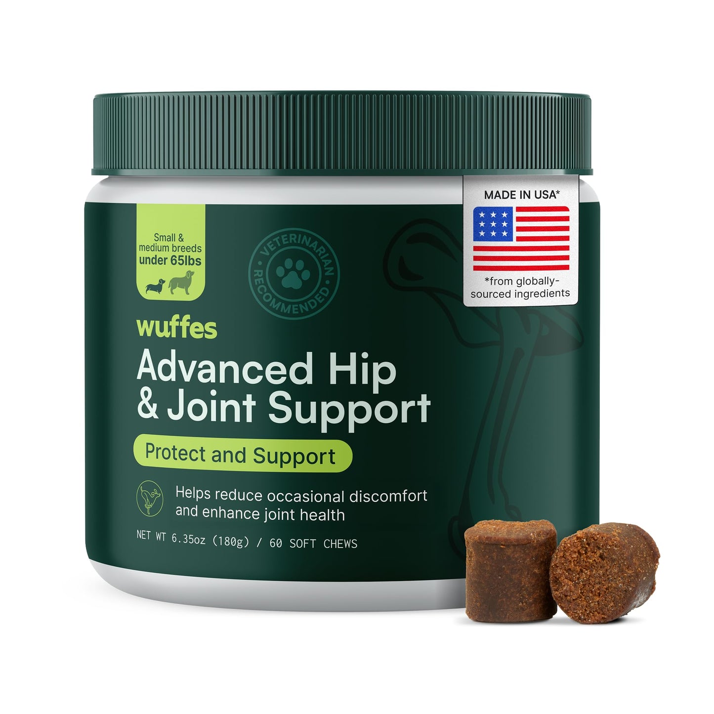 Wuffes Advanced Dog Hip and Joint Supplement with Glucosamine, Chondroitin, Omega 3, MSM, and Green Lipped Mussel, 60 Pork Flavored Chews for Small and Medium Dog Breeds - dailyvitalstore