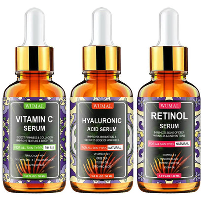 Wumal 3 Pack Face Serum Set - Includes Vitamin C, Retinol & Hyaluronic Acid - Firming, Brightening & Hydrating - dailyvitalstore