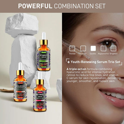 Wumal 3 Pack Face Serum Set - Includes Vitamin C, Retinol & Hyaluronic Acid - Firming, Brightening & Hydrating - dailyvitalstore