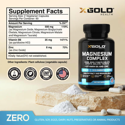 X Gold Health Magnesium Complex 5-in-1 with Zinc & B6 High Absorption Capsules (Glycinate, Citrate, Malate, Taurate, Oxide) Muscle Recovery, Energy, Sleep Support & Immune Health 500mg Made in USA - dailyvitalstore
