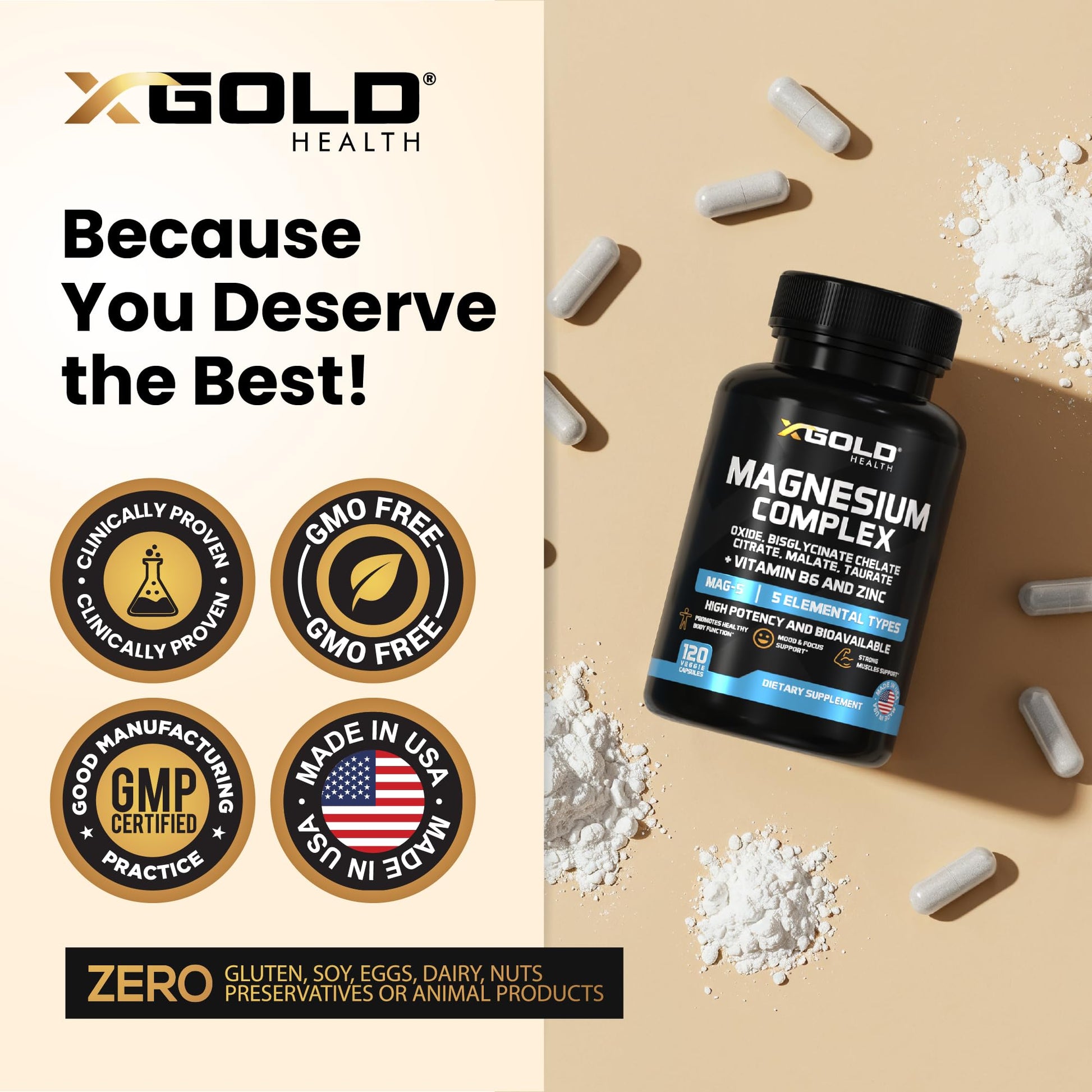 X Gold Health Magnesium Complex 5-in-1 with Zinc & B6 High Absorption Capsules (Glycinate, Citrate, Malate, Taurate, Oxide) Muscle Recovery, Energy, Sleep Support & Immune Health 500mg Made in USA - dailyvitalstore
