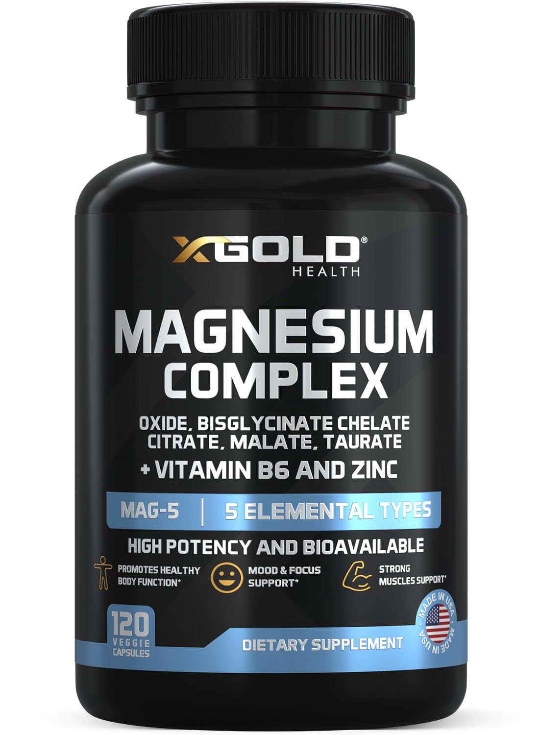 X Gold Health Magnesium Complex 5-in-1 with Zinc & B6 High Absorption Capsules (Glycinate, Citrate, Malate, Taurate, Oxide) Muscle Recovery, Energy, Sleep Support & Immune Health 500mg Made in USA - dailyvitalstore