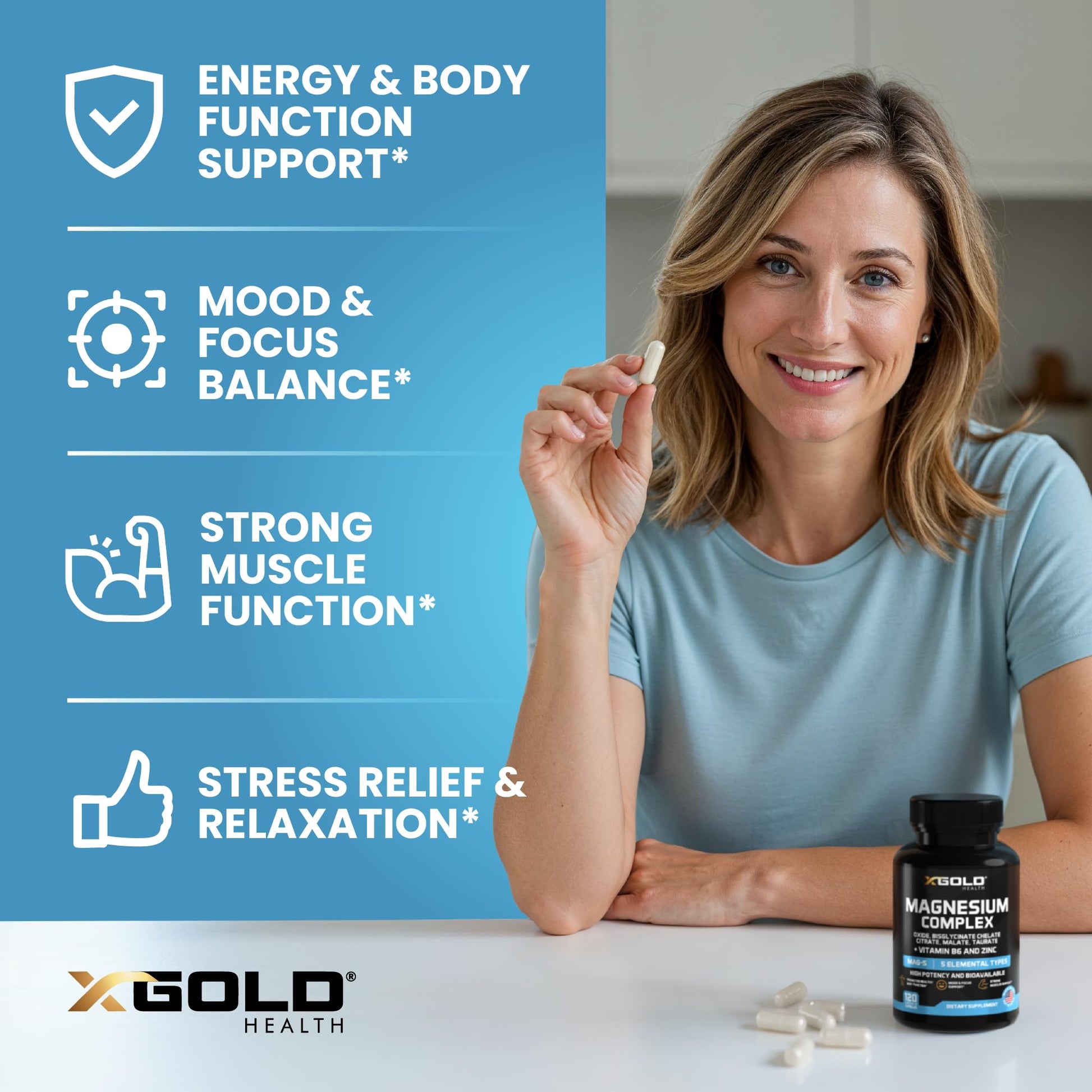 X Gold Health Magnesium Complex 5-in-1 with Zinc & B6 High Absorption Capsules (Glycinate, Citrate, Malate, Taurate, Oxide) Muscle Recovery, Energy, Sleep Support & Immune Health 500mg Made in USA - dailyvitalstore