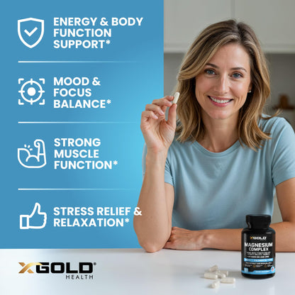X Gold Health Magnesium Complex 5-in-1 with Zinc & B6 High Absorption Capsules (Glycinate, Citrate, Malate, Taurate, Oxide) Muscle Recovery, Energy, Sleep Support & Immune Health 500mg Made in USA - dailyvitalstore