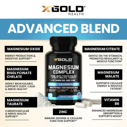 X Gold Health Magnesium Complex 5-in-1 with Zinc & B6 High Absorption Capsules (Glycinate, Citrate, Malate, Taurate, Oxide) Muscle Recovery, Energy, Sleep Support & Immune Health 500mg Made in USA - dailyvitalstore