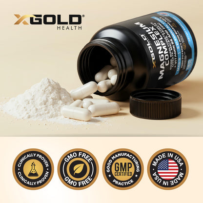 X Gold Health Magnesium Complex 5-in-1 with Zinc & B6 High Absorption Capsules (Glycinate, Citrate, Malate, Taurate, Oxide) Muscle Recovery, Energy, Sleep Support & Immune Health 500mg Made in USA - dailyvitalstore
