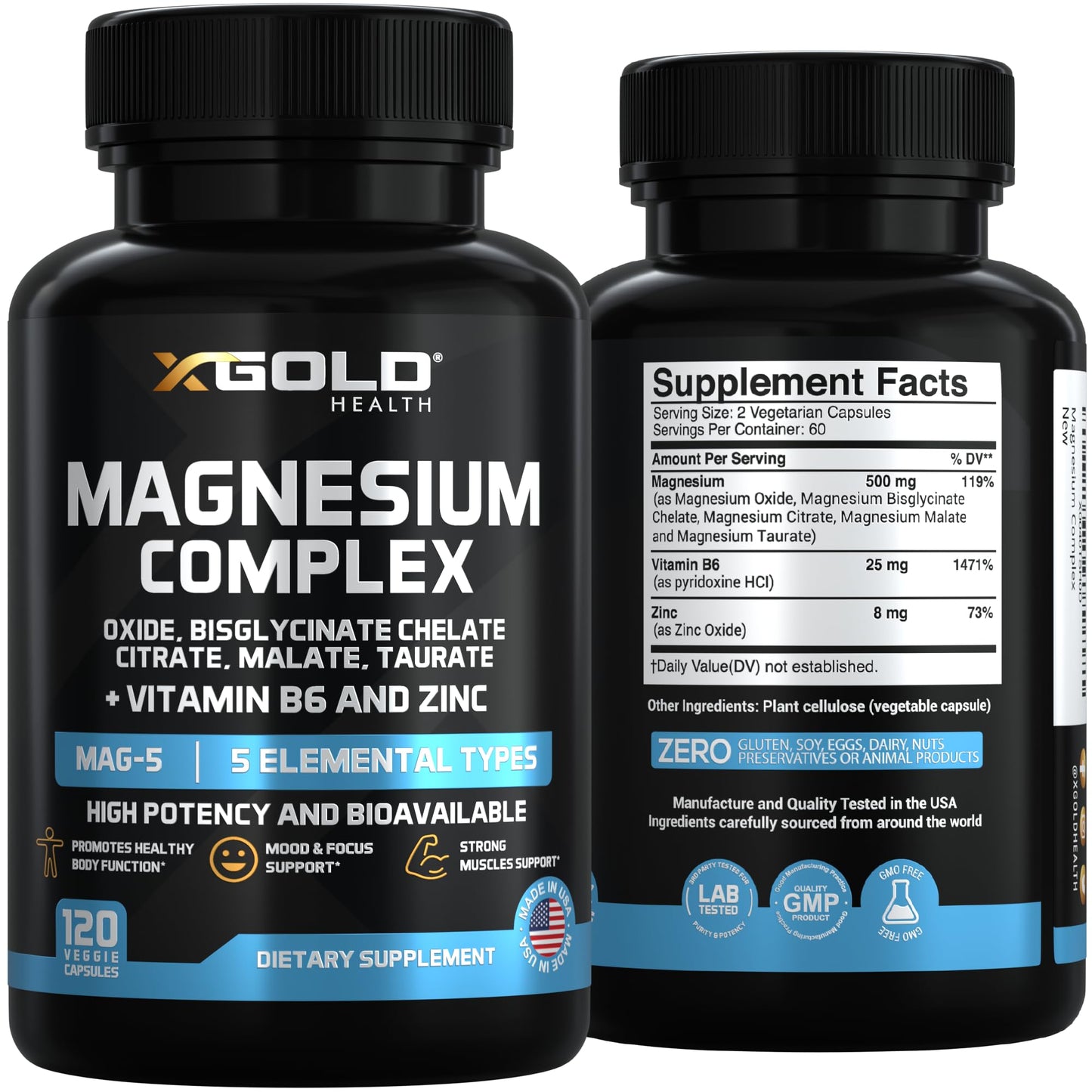 X Gold Health Magnesium Complex 5-in-1 with Zinc & B6 High Absorption Capsules (Glycinate, Citrate, Malate, Taurate, Oxide) Muscle Recovery, Energy, Sleep Support & Immune Health 500mg Made in USA - dailyvitalstore