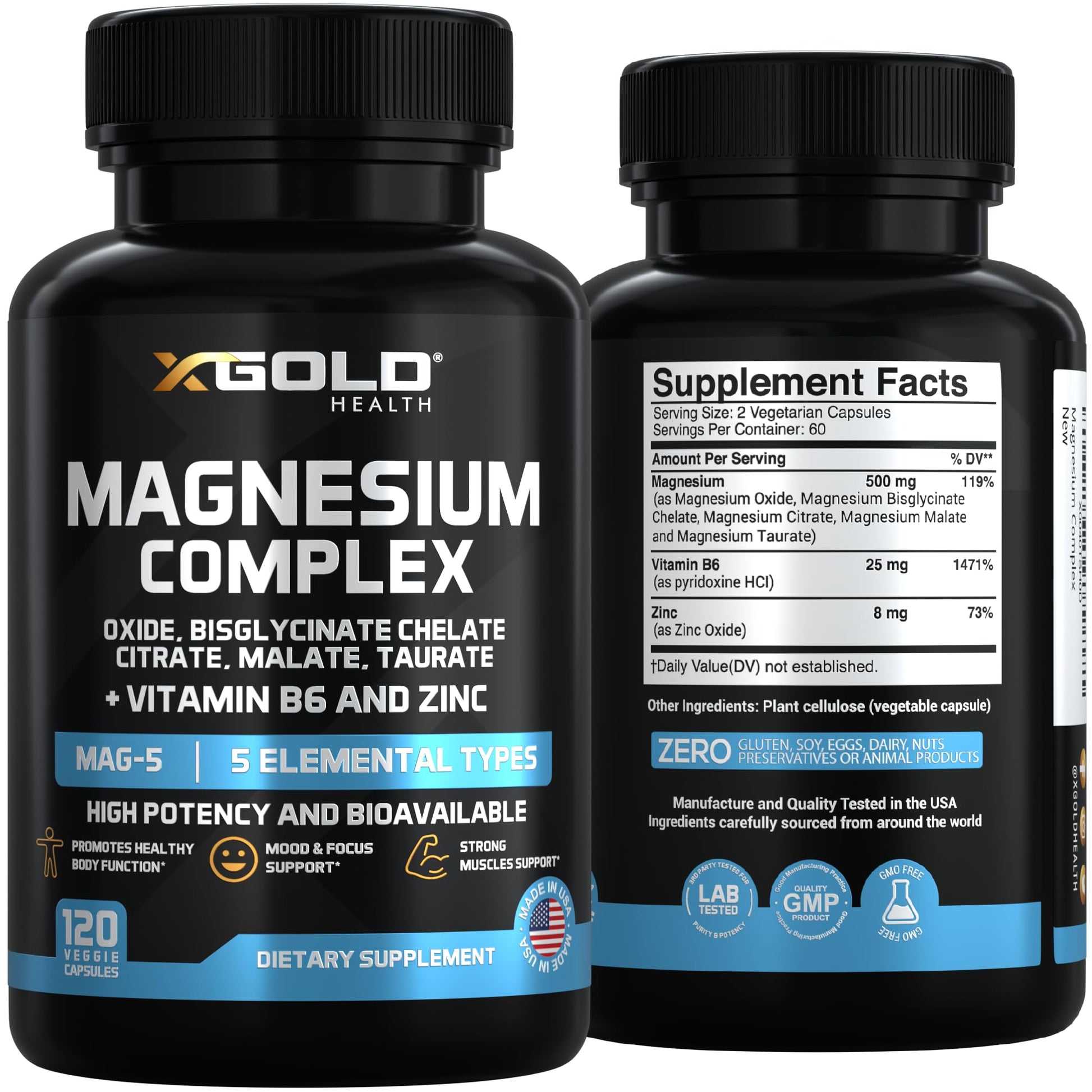 X Gold Health Magnesium Complex 5-in-1 with Zinc & B6 High Absorption Capsules (Glycinate, Citrate, Malate, Taurate, Oxide) Muscle Recovery, Energy, Sleep Support & Immune Health 500mg Made in USA - dailyvitalstore