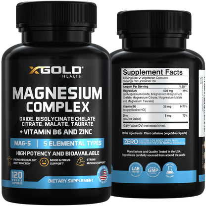X Gold Health Magnesium Complex 5-in-1 with Zinc & B6 High Absorption Capsules (Glycinate, Citrate, Malate, Taurate, Oxide) Muscle Recovery, Energy, Sleep Support & Immune Health 500mg Made in USA - dailyvitalstore
