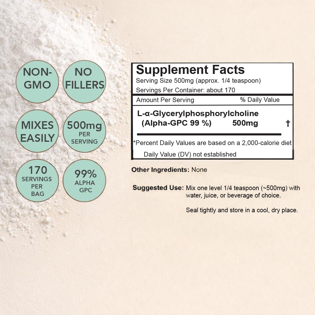 Xalya Alpha GPC Supplement, Alpha GPC Powder 99% Purity (Extra Strength) 500mg per Serving, Unflavored, Natural Choline Supplement - 3rd Party Tested -170 Servings, 3 Ounce - dailyvitalstore