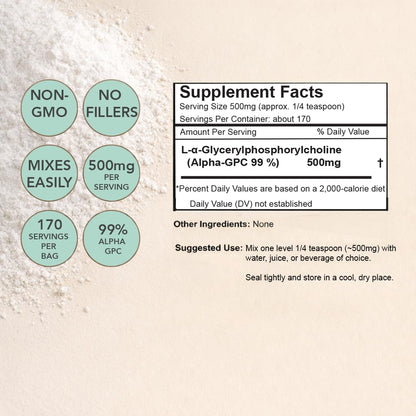 Xalya Alpha GPC Supplement, Alpha GPC Powder 99% Purity (Extra Strength) 500mg per Serving, Unflavored, Natural Choline Supplement - 3rd Party Tested -170 Servings, 3 Ounce - dailyvitalstore