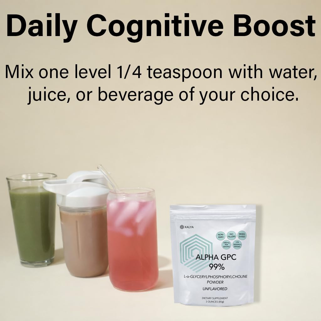 Xalya Alpha GPC Supplement, Alpha GPC Powder 99% Purity (Extra Strength) 500mg per Serving, Unflavored, Natural Choline Supplement - 3rd Party Tested -170 Servings, 3 Ounce - dailyvitalstore