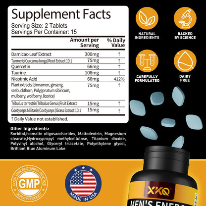 XKQ Men’s Vitality Support Supplement – Daily Energy & Performance Formula for Adult Men | Supports Circulation, Stamina & Confidence | Herbal & Amino Blend | 30 Tablets | 3rd Party Tested - dailyvitalstore