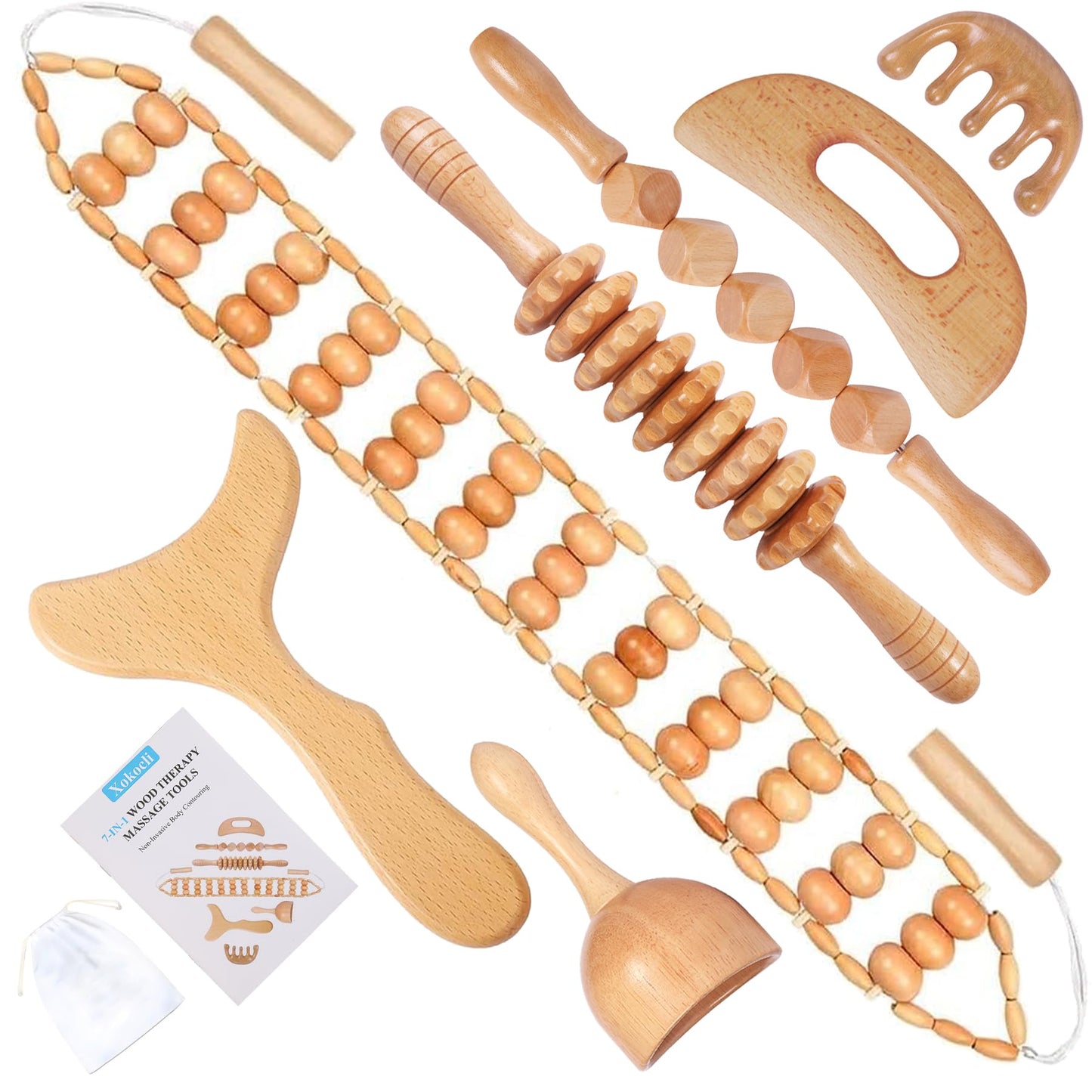 Xokocli 7-in-1 Wood Therapy Massage Tools Lymphatic Drainage Massager for Muscle Pain Relief | Maderoterapia Kit Body Sculpting Tools for Anti-Cellulite, Body Shaping - dailyvitalstore