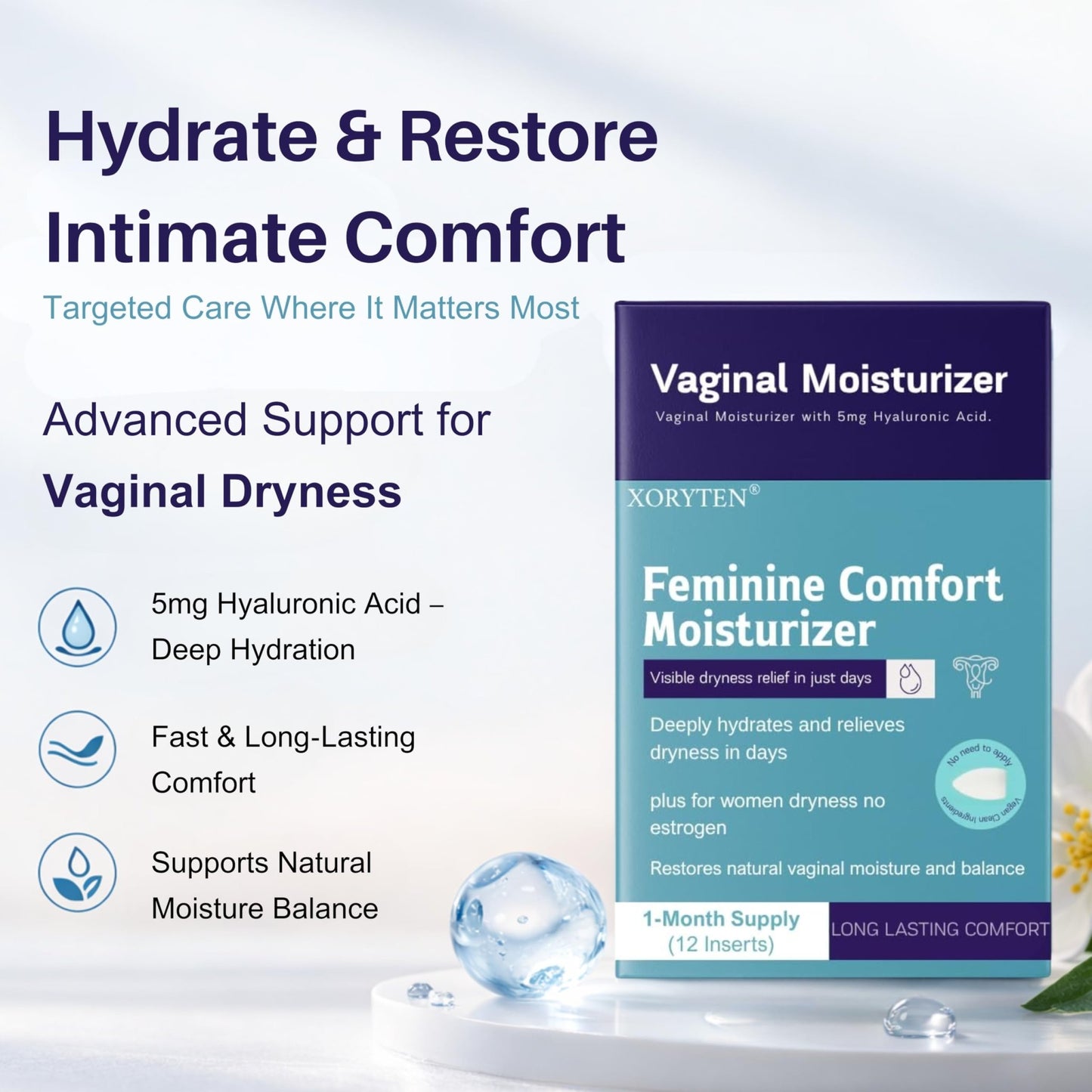 XORYTEN Vaginal Moisturizer for Revarey– 5mg Hyaluronic Acid – Vaginal Dryness, Hormone-Free Soothing Inserts, Non-Greasy, 12 Suppositories – 1 Month Supply (No fragrance) - dailyvitalstore