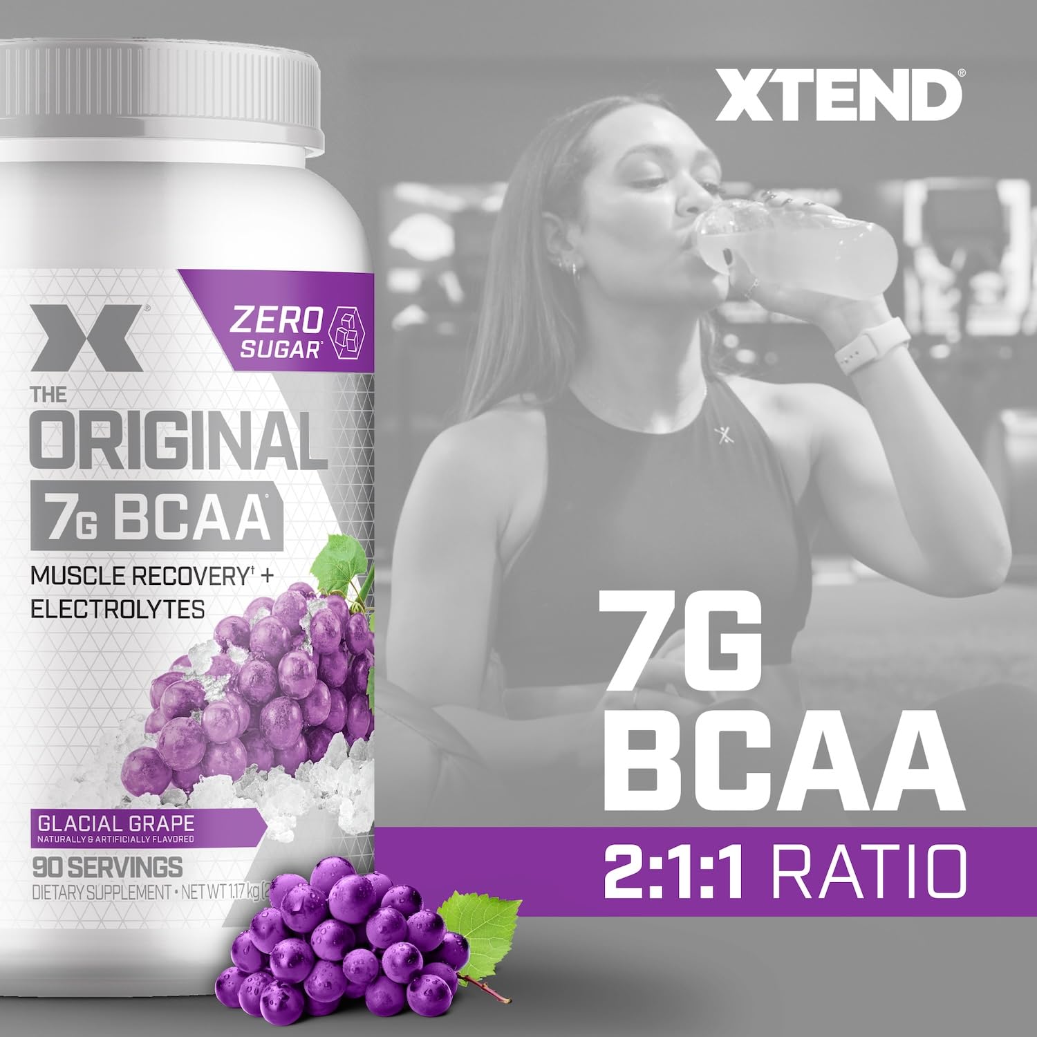 Xtend Original BCAA Powder, 7g BCAAs and 2.5g L-Glutamine for Muscle Recovery Hydration and Lean Muscle, Sugar Free Intra and Post Workout Drink with Electrolytes, Glacial Grape, 90 Servings - dailyvitalstore