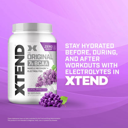 Xtend Original BCAA Powder, 7g BCAAs and 2.5g L-Glutamine for Muscle Recovery Hydration and Lean Muscle, Sugar Free Intra and Post Workout Drink with Electrolytes, Glacial Grape, 90 Servings - dailyvitalstore