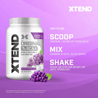 Xtend Original BCAA Powder, 7g BCAAs and 2.5g L-Glutamine for Muscle Recovery Hydration and Lean Muscle, Sugar Free Intra and Post Workout Drink with Electrolytes, Glacial Grape, 90 Servings - dailyvitalstore