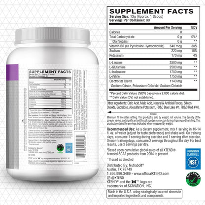 Xtend Original BCAA Powder, 7g BCAAs and 2.5g L-Glutamine for Muscle Recovery Hydration and Lean Muscle, Sugar Free Intra and Post Workout Drink with Electrolytes, Glacial Grape, 90 Servings - dailyvitalstore