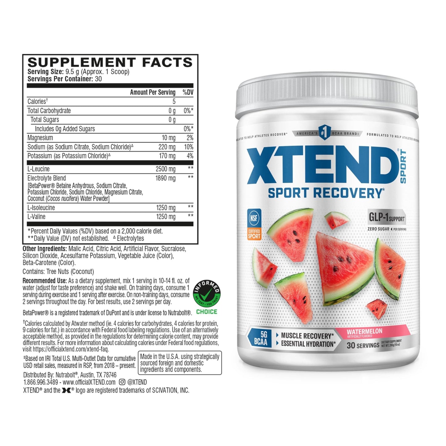 Xtend Sport BCAA Powder Watermelon - Electrolyte Powder for Recovery & Hydration with Amino Acids - 30 Servings - dailyvitalstore