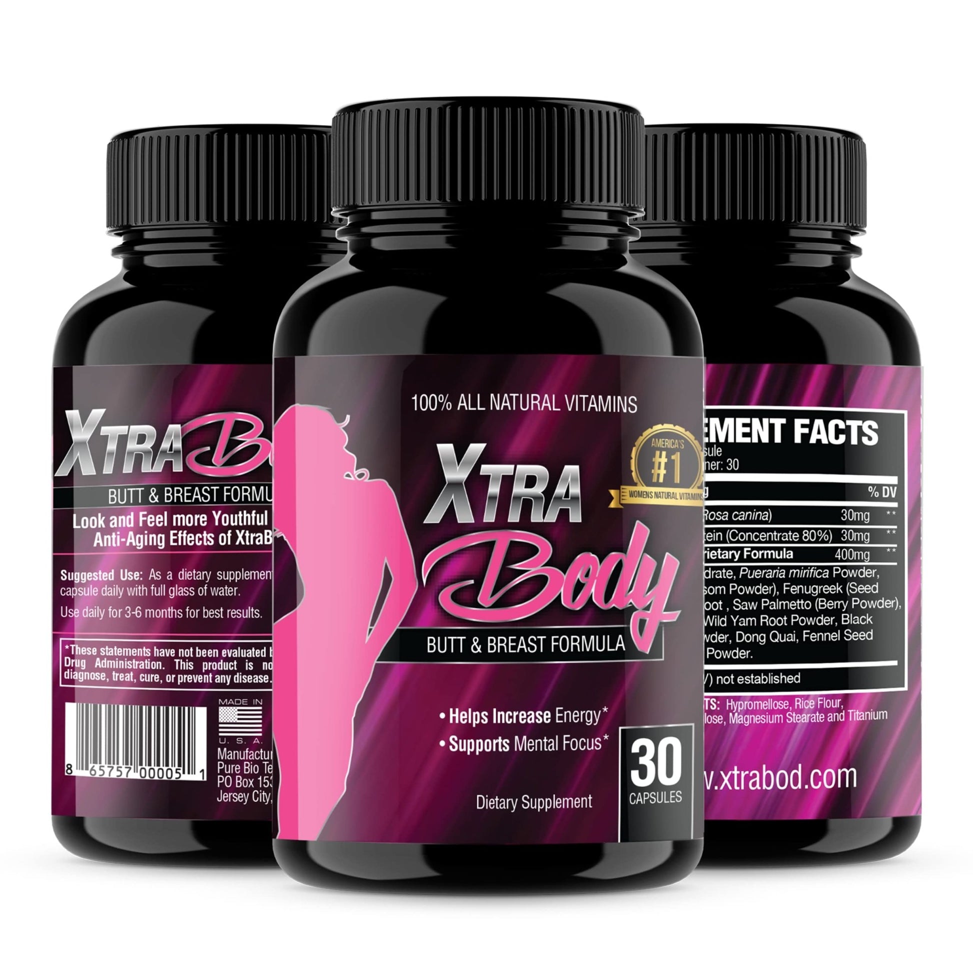 XtraBody Butt Enhancement and Breast Enlargement Supplement - Estrogen Enhancer - Increases Butt & Breast Size, Reduces Menstrual Symptoms & Provides an Extra Boost of Energy (1 Bottle=30 Capsules) - dailyvitalstore