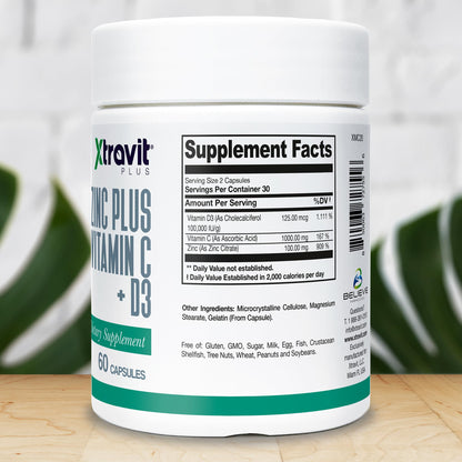 Xtravit Zinc Plus Vitamin C + D3 Supplement – Natural Immune Defense Supplements for Men & Women - May Support Skin, Energy, Bones, & Overall Wellness - Non-GMO, Gluten-Free, No Fillers, 60 Capsules - dailyvitalstore