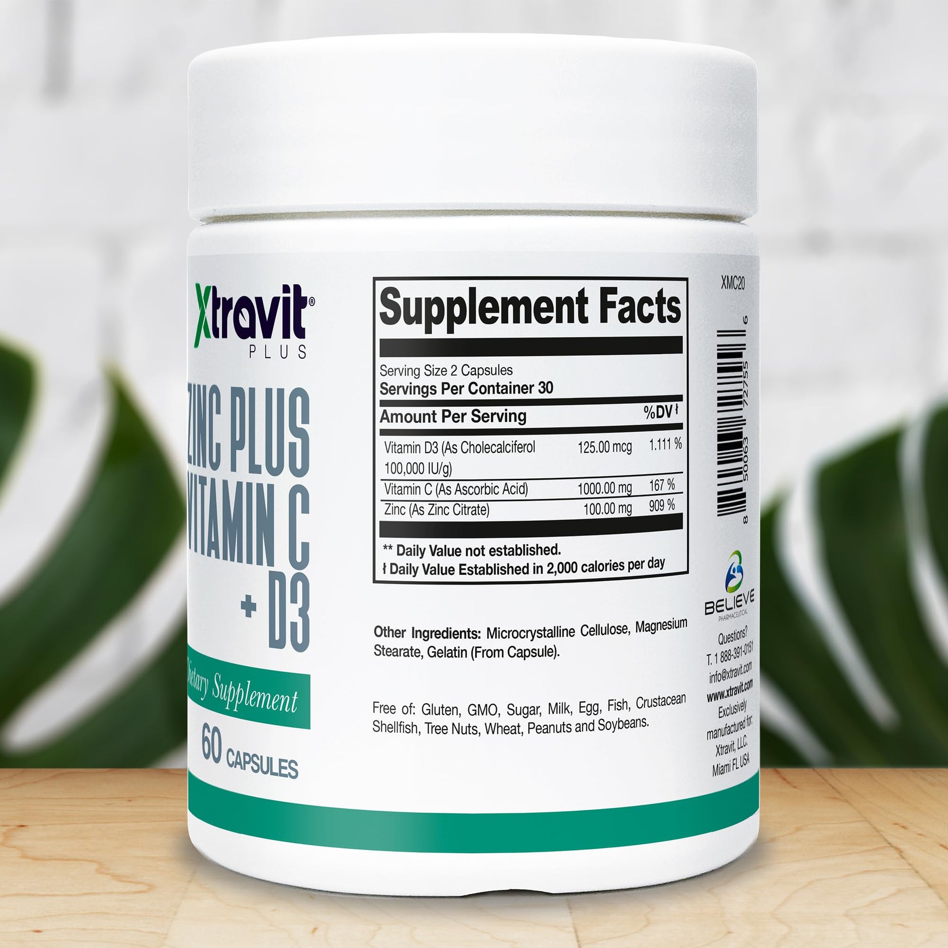 Xtravit Zinc Plus Vitamin C + D3 Supplement – Natural Immune Defense Supplements for Men & Women - May Support Skin, Energy, Bones, & Overall Wellness - Non-GMO, Gluten-Free, No Fillers, 60 Capsules - dailyvitalstore