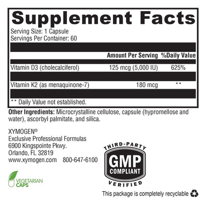 XYMOGEN K2-D3 Max - Vitamin D3 K2 Supplement for Bone & Immune Support* - High-Strength K2 MK-7 - Non-GMO, Gluten-Free, Vegetarian - 60 Capsules - dailyvitalstore