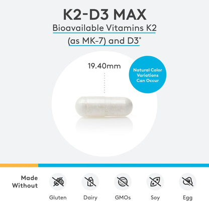 XYMOGEN K2-D3 Max - Vitamin D3 K2 Supplement for Bone & Immune Support* - High-Strength K2 MK-7 - Non-GMO, Gluten-Free, Vegetarian - 60 Capsules - dailyvitalstore