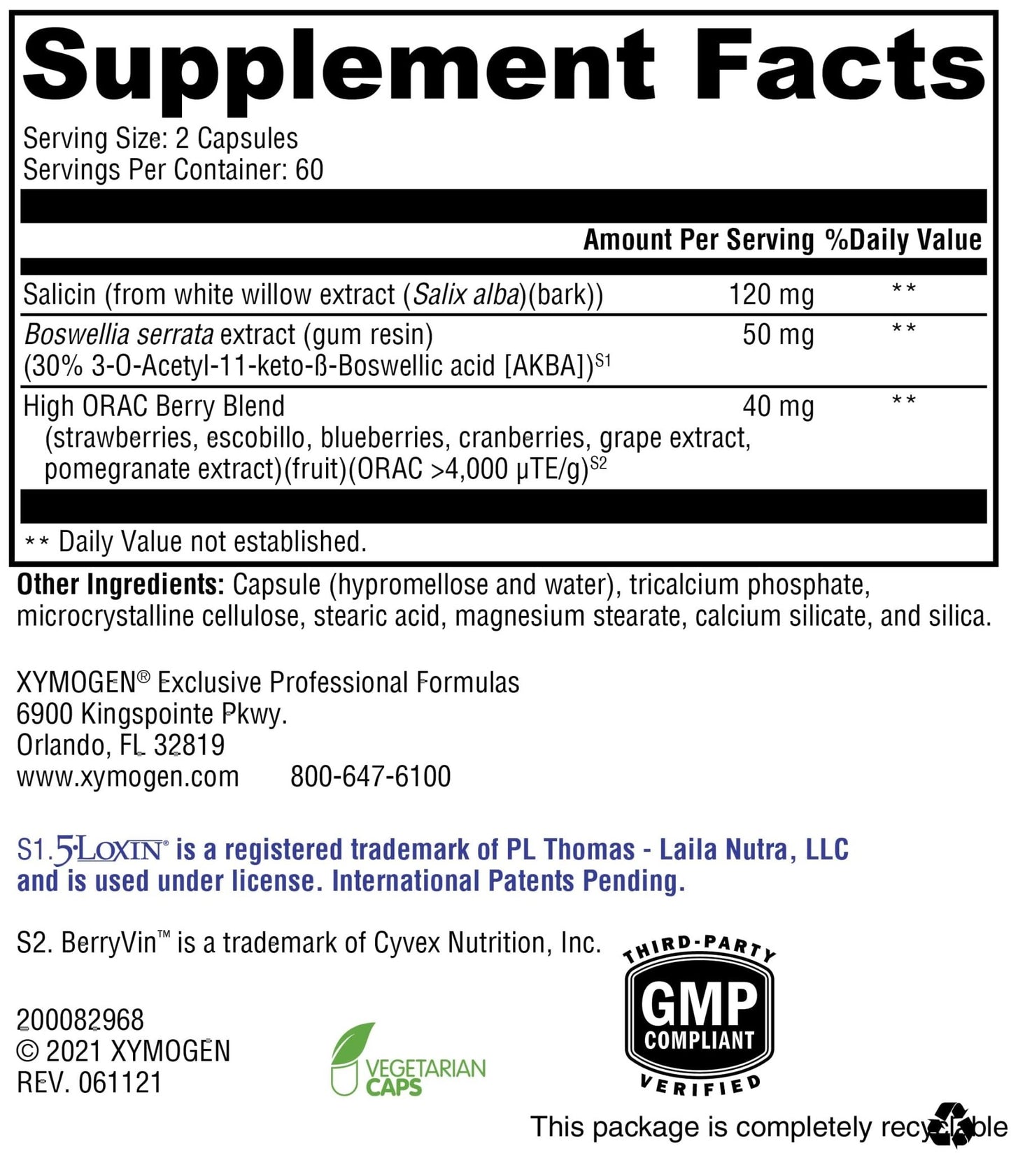 XYMOGEN Saloxicin - Antioxidant Support Supplement - Grape Seed Extract, Pomegranate Fruit & Cranberry Supplement - White Willow Bark & Boswellia Extract - 120 Capsules - dailyvitalstore