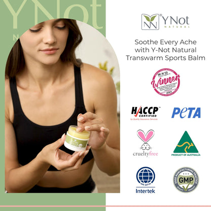 Y Not Natural Transwarm Sports Balm with Pure Emu Oil, Vitamins A, D, E, F & K2, Omega 3 6 9, & Tea Tree Oil Essential Oils - 50g Rub for Joint, Back, Muscle Stiffness & Soothing Itch Relief - dailyvitalstore