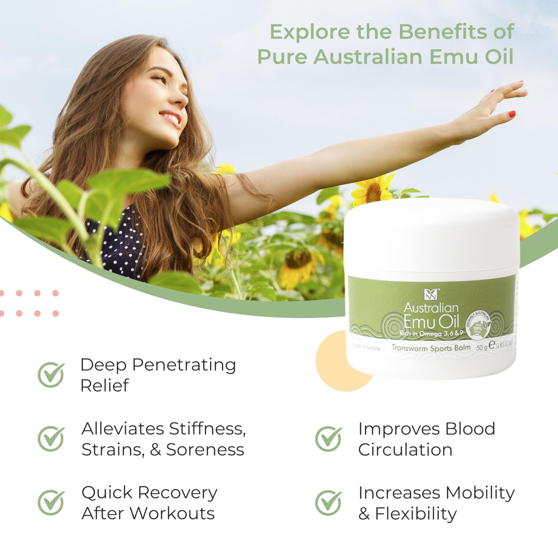 Y Not Natural Transwarm Sports Balm with Pure Emu Oil, Vitamins A, D, E, F & K2, Omega 3 6 9, & Tea Tree Oil Essential Oils - 50g Rub for Joint, Back, Muscle Stiffness & Soothing Itch Relief - dailyvitalstore