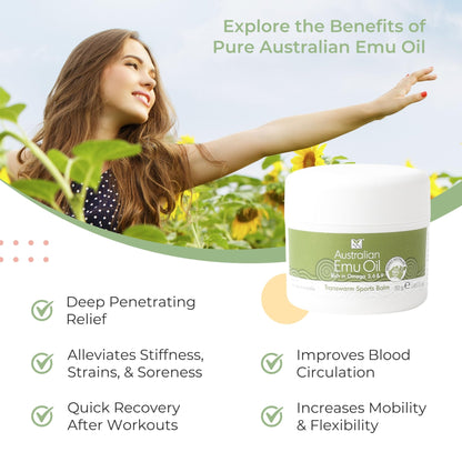 Y Not Natural Transwarm Sports Balm with Pure Emu Oil, Vitamins A, D, E, F & K2, Omega 3 6 9, & Tea Tree Oil Essential Oils - 50g Rub for Joint, Back, Muscle Stiffness & Soothing Itch Relief - dailyvitalstore