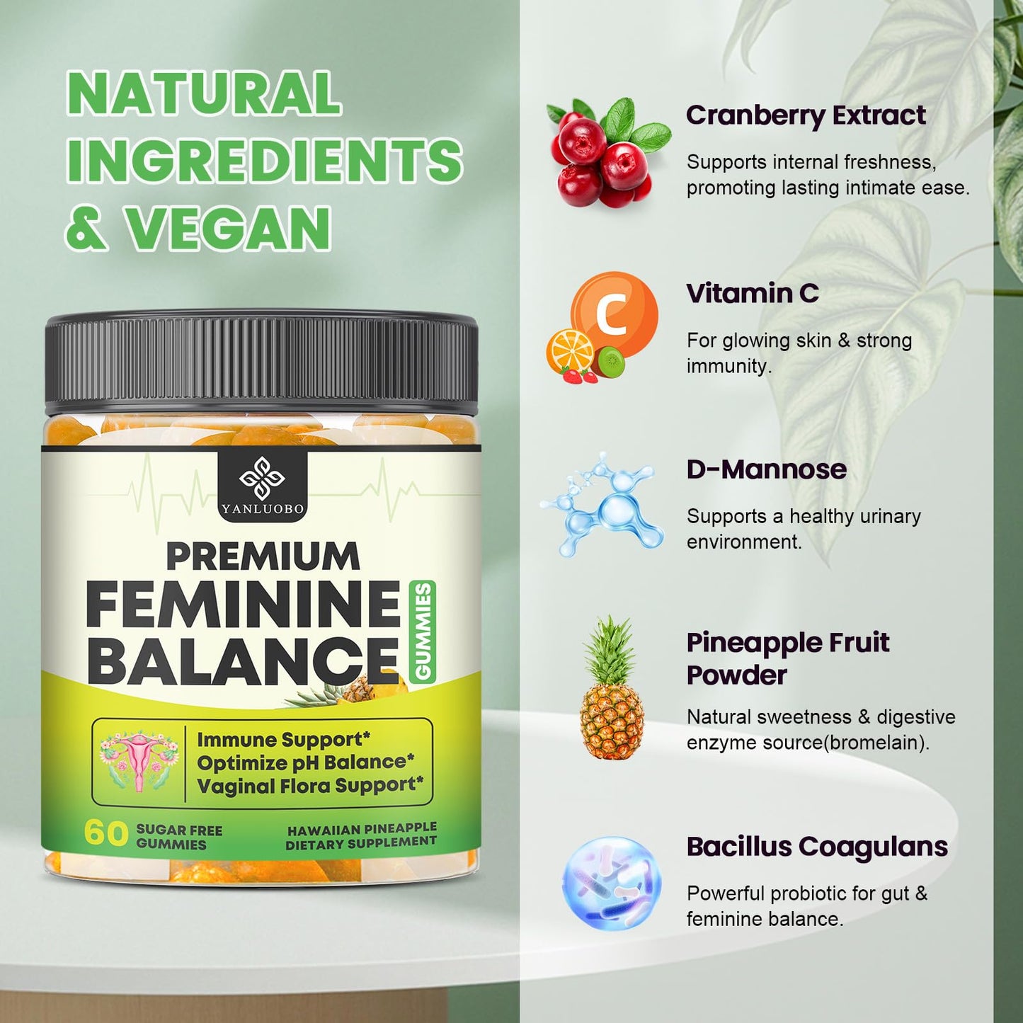 YANLUOBO Feminine Balance Probiotic Gummies - Women's Vaginal Health Support | PH Balance & Odor, Flora, Immune Support | Probiotics for Women, Vegan Pineapple Flavor, 60 Count - dailyvitalstore