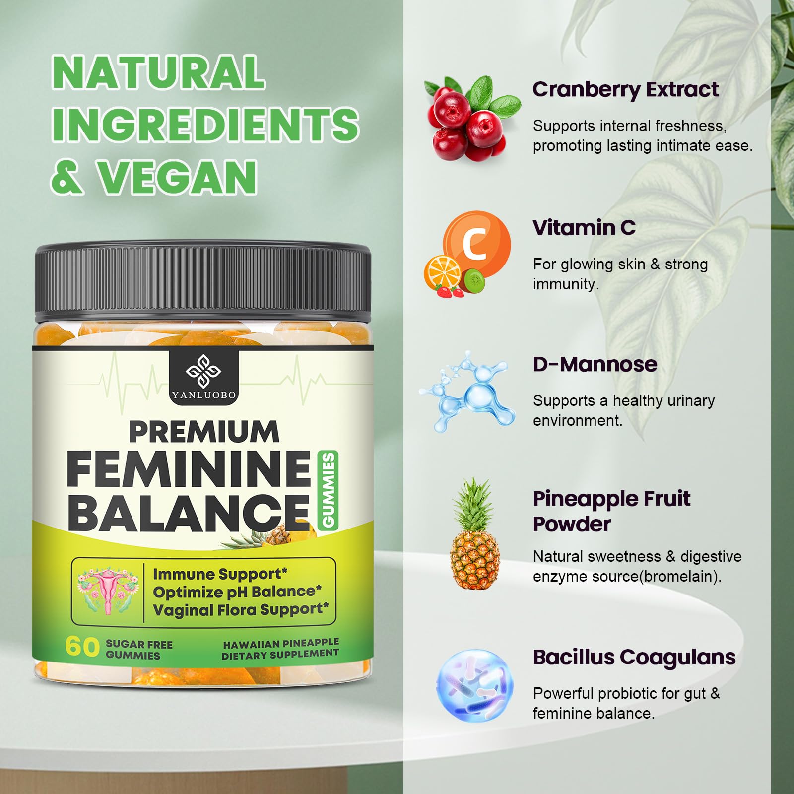 YANLUOBO Feminine Balance Probiotic Gummies - Women's Vaginal Health Support | PH Balance & Odor, Flora, Immune Support | Probiotics for Women, Vegan Pineapple Flavor, 60 Count - dailyvitalstore