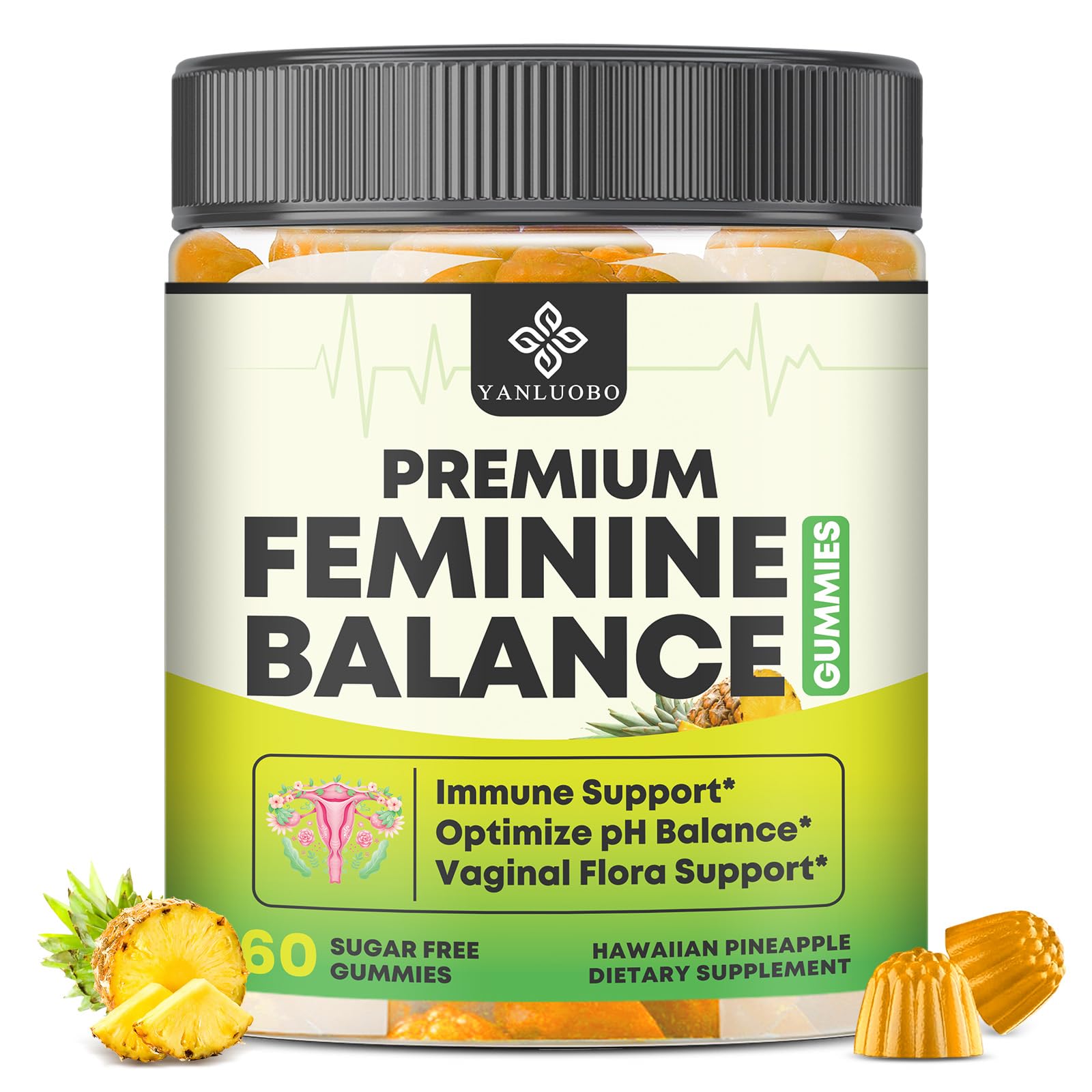 YANLUOBO Feminine Balance Probiotic Gummies - Women's Vaginal Health Support | PH Balance & Odor, Flora, Immune Support | Probiotics for Women, Vegan Pineapple Flavor, 60 Count - dailyvitalstore