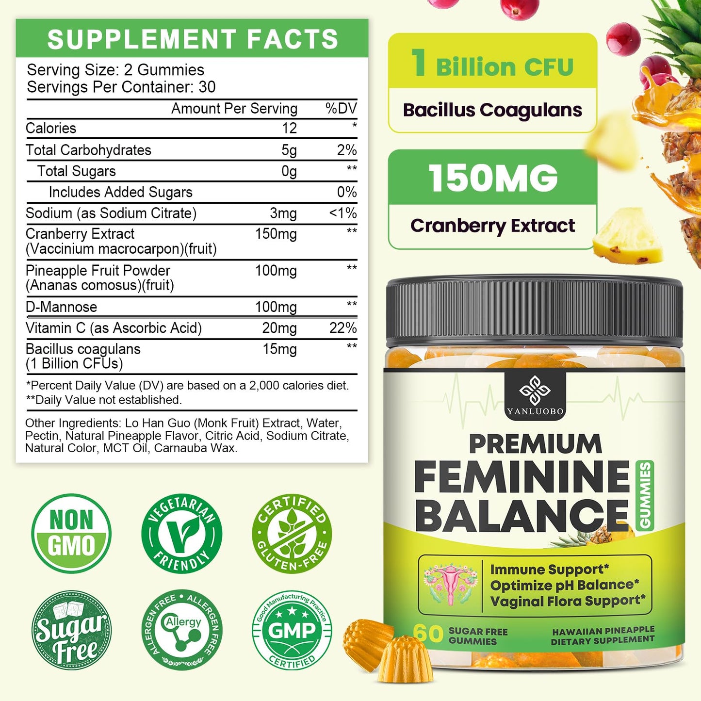 YANLUOBO Feminine Balance Probiotic Gummies - Women's Vaginal Health Support | PH Balance & Odor, Flora, Immune Support | Probiotics for Women, Vegan Pineapple Flavor, 60 Count - dailyvitalstore