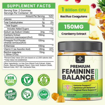 YANLUOBO Feminine Balance Probiotic Gummies - Women's Vaginal Health Support | PH Balance & Odor, Flora, Immune Support | Probiotics for Women, Vegan Pineapple Flavor, 60 Count - dailyvitalstore