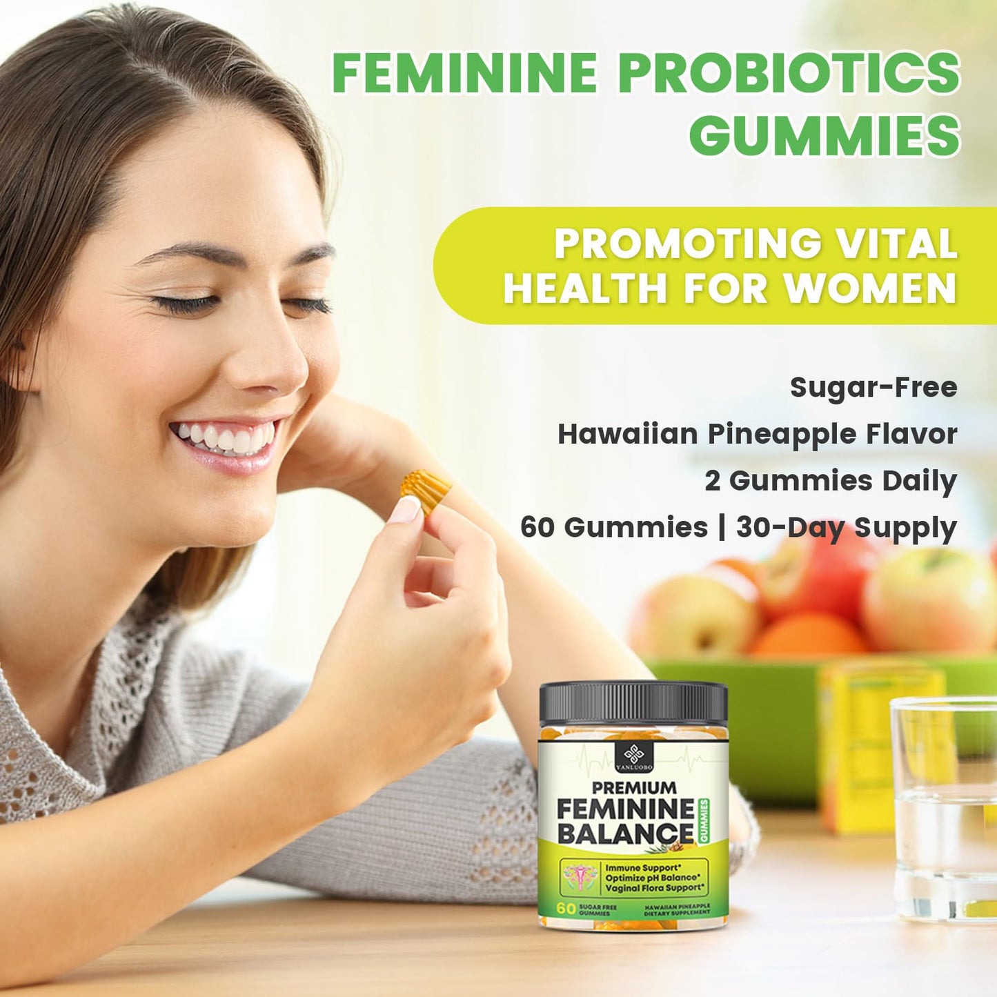 YANLUOBO Feminine Balance Probiotic Gummies - Women's Vaginal Health Support | PH Balance & Odor, Flora, Immune Support | Probiotics for Women, Vegan Pineapple Flavor, 60 Count - dailyvitalstore