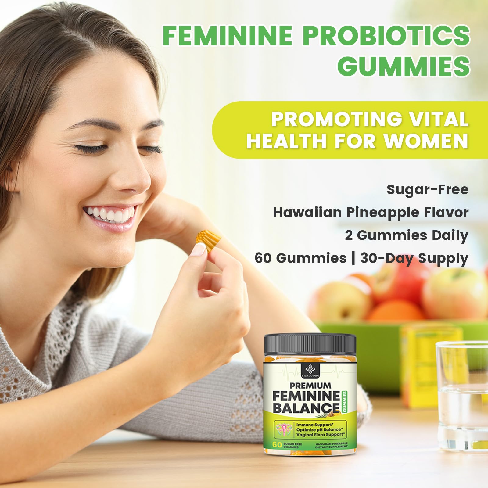 YANLUOBO Feminine Balance Probiotic Gummies - Women's Vaginal Health Support | PH Balance & Odor, Flora, Immune Support | Probiotics for Women, Vegan Pineapple Flavor, 60 Count - dailyvitalstore