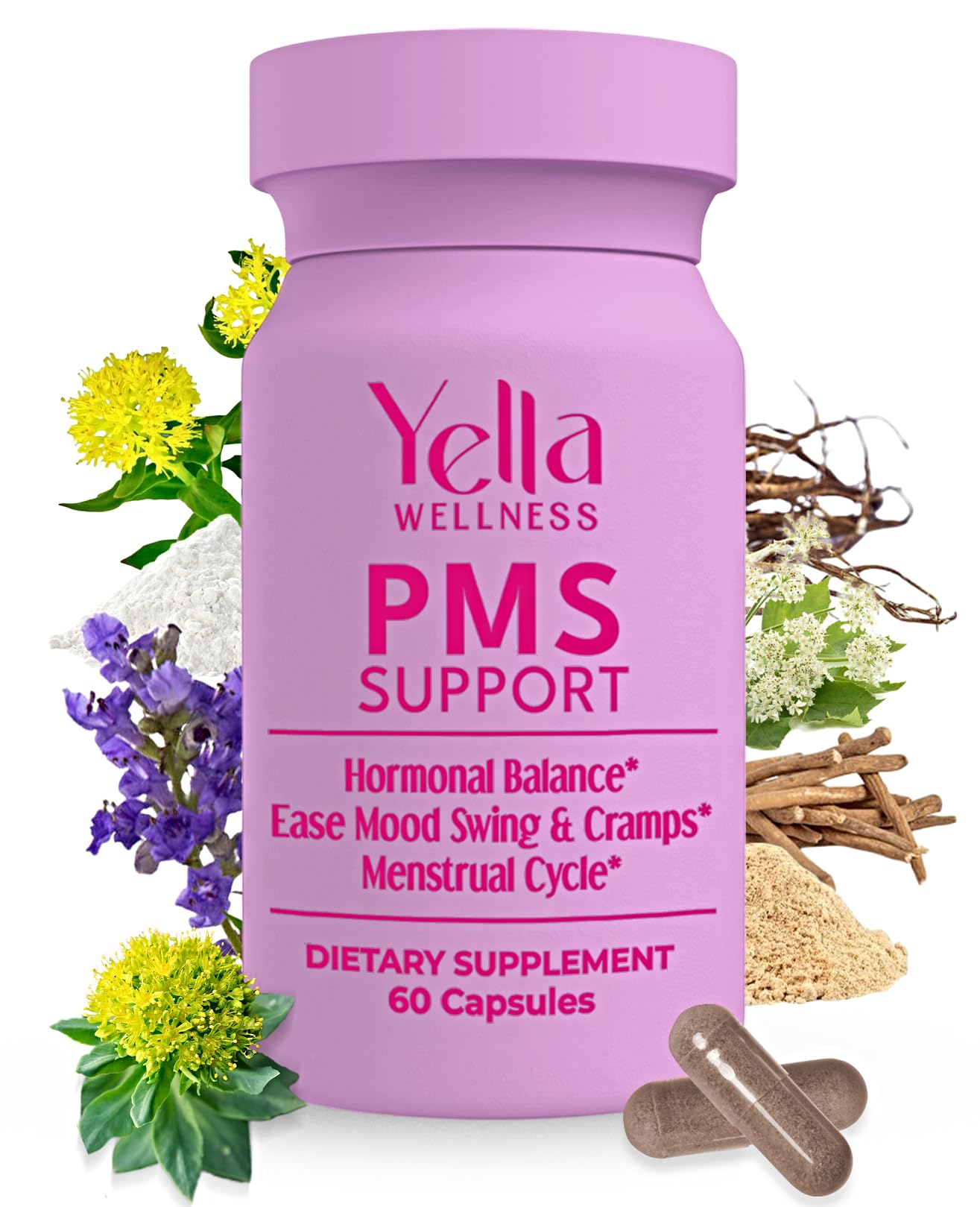 YELLA WELLNESS Hormone Balance for Women - PMS Support Supplement for Women w/Chaste Tree, Dong Quai and Ashwagandha- PMS and Menopause Relief for Bloating, Cramps and Mood Swings- (60ct) - dailyvitalstore
