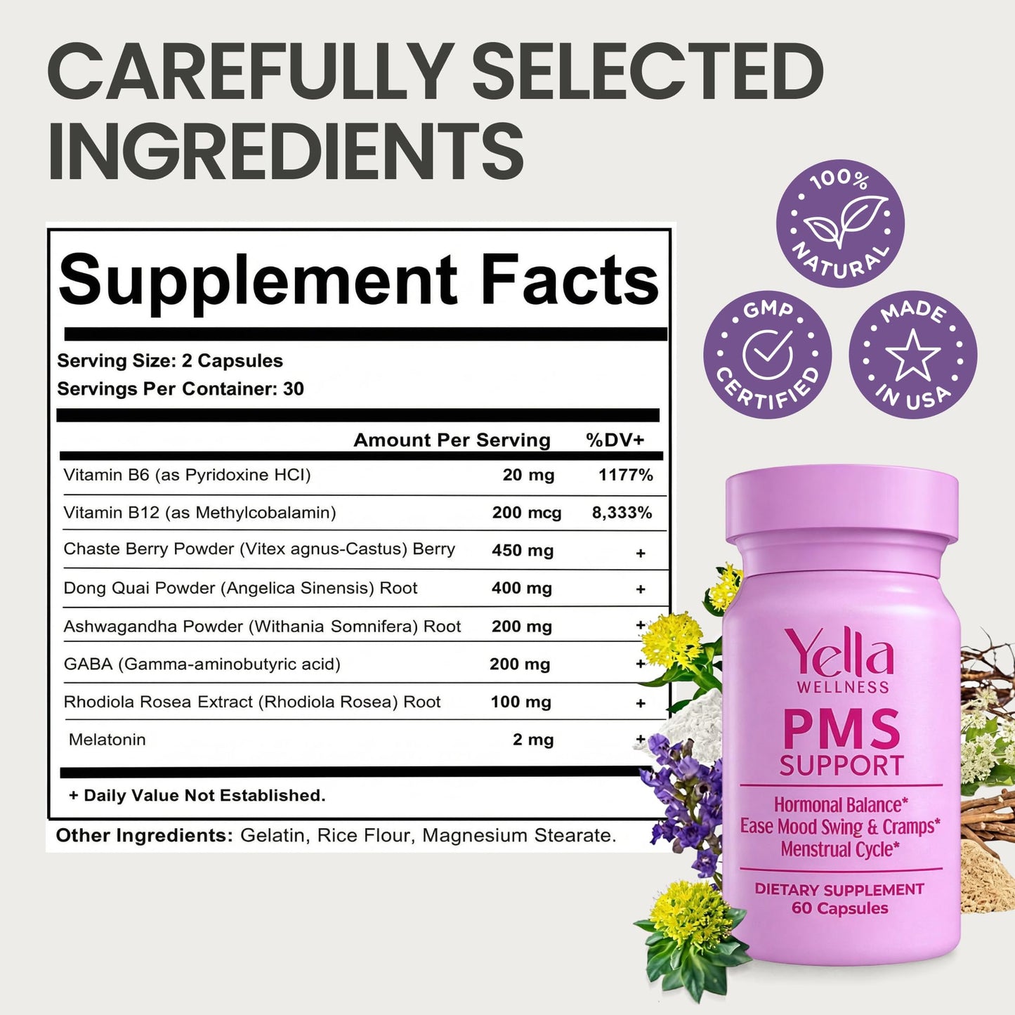 YELLA WELLNESS Hormone Balance for Women - PMS Support Supplement for Women w/Chaste Tree, Dong Quai and Ashwagandha- PMS and Menopause Relief for Bloating, Cramps and Mood Swings- (60ct) - dailyvitalstore