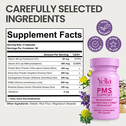 YELLA WELLNESS Hormone Balance for Women - PMS Support Supplement for Women w/Chaste Tree, Dong Quai and Ashwagandha- PMS and Menopause Relief for Bloating, Cramps and Mood Swings- (60ct) - dailyvitalstore