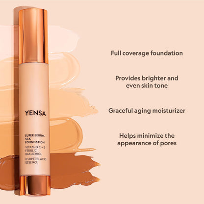 YENSA Serum Foundation Makeup - Super Silk Full Coverage Foundation Enriched with Peptides, Vitamin C & Ferulic Acid to Help Reduce Fine Lines, Wrinkles & Dark Circles - Light 1 (1 oz) - dailyvitalstore