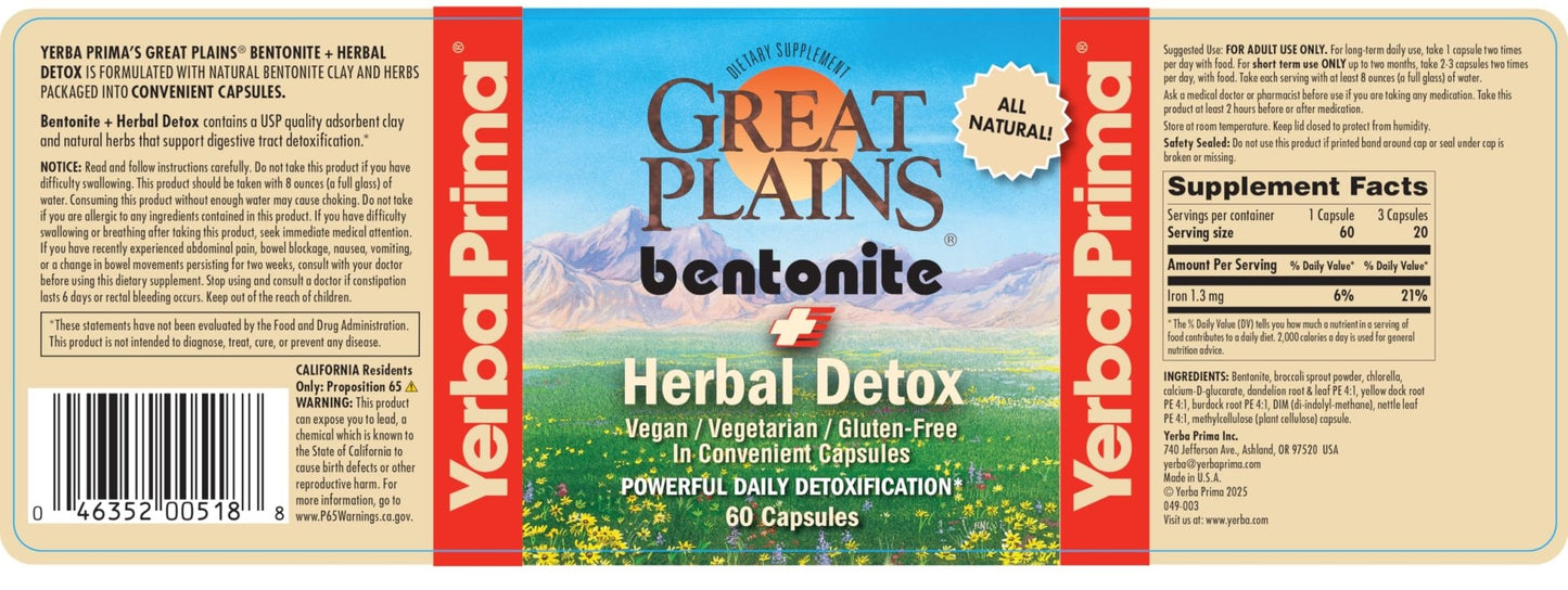 Yerba Prima Bentonite Clay Plus Herbal Detox - 60 Veggie Capsules - Natural Cleansing Supplement - dailyvitalstore