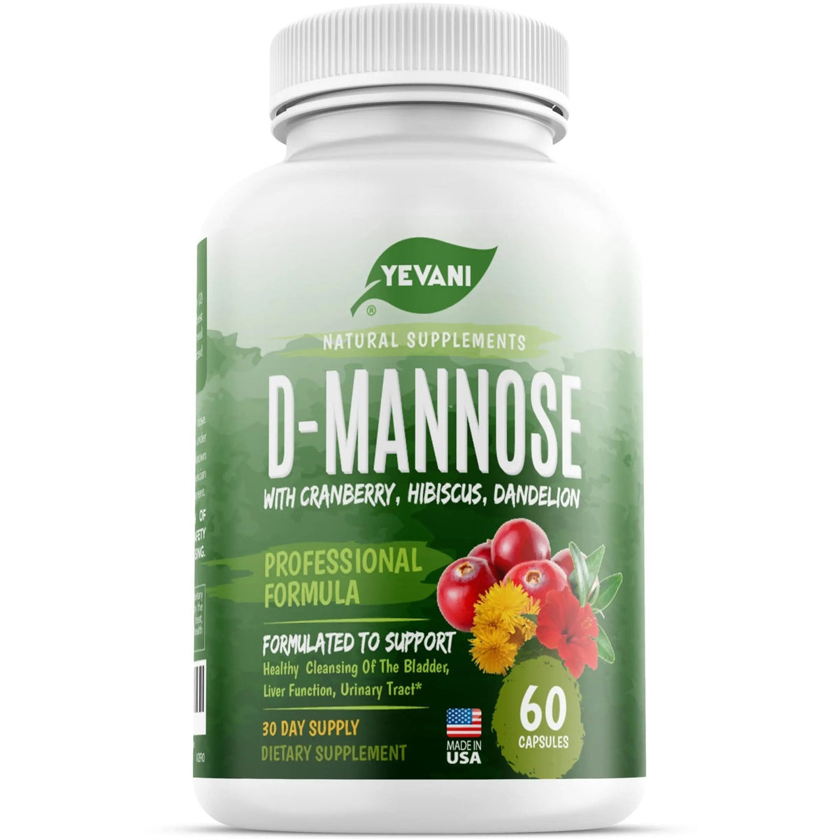 YEVANI 100% Pure D-Mannose Capsules 1000 mg with Cranberry, Hibiscus, and Dandelion Extract, Fast Acting Professional UTI Prevention Formula for Urinary Tract Health and Bladder Support - dailyvitalstore